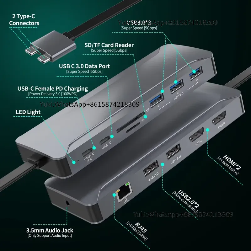 Usb C Hub - محطة إرساء USB C مزدوجة الشاشة