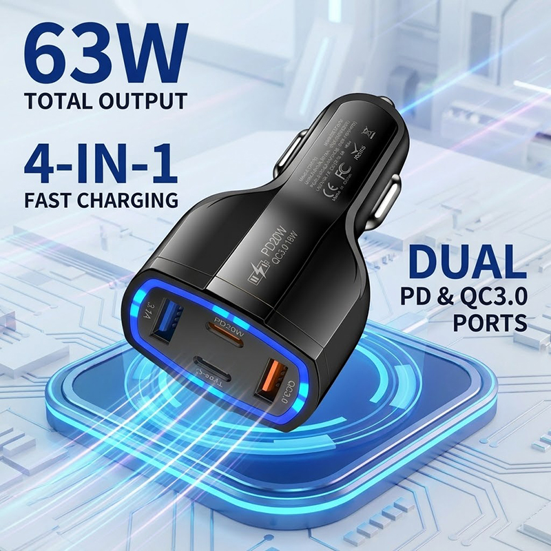 Usb C Hub - شاحن سيارة متعدد المنافذ بقوة 63